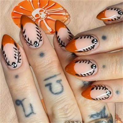 Halloween Bat Press on Nails Medium Almond Fake Nails White French Tips Acrylic False Nails Full Cover Glossy Glue Stick on Nails for Women Girls 24Pcs