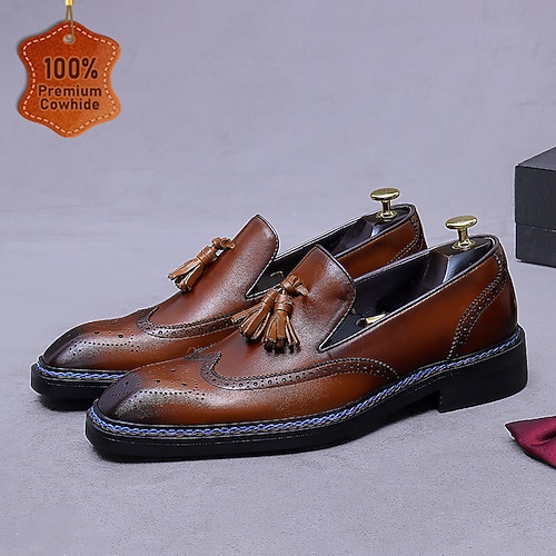 mocassini da uomo in pelle con nappe - scarpe eleganti brogue classiche in vera pelle di vacchetta con dettagli traforati, scarpe formali da lavoro slip-on per ufficio, matrimoni e occasioni eleganti