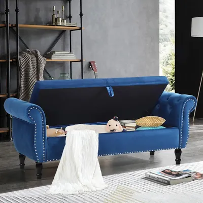 Velvet Storage Bench Upholstered Tufted Ottoman Bench w/ Arms Large Storage Space End of Bed Bench for Bedroom Living Room