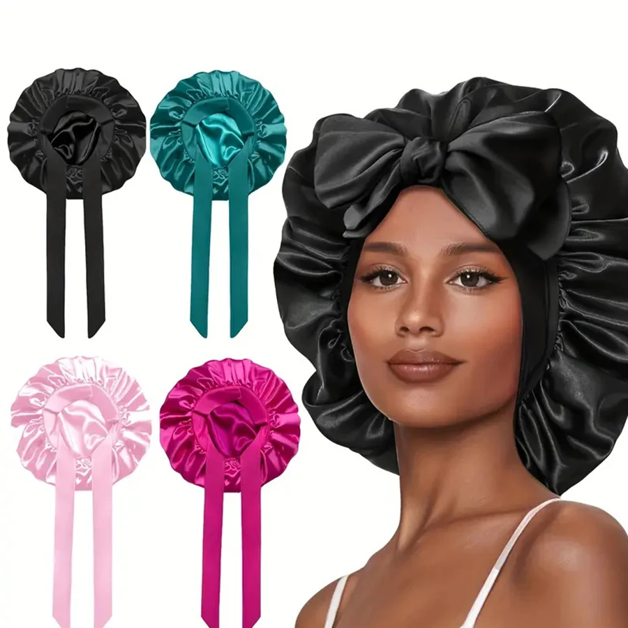 1-teiliges Satin-Haarkappen- und Scrunchie-Set mit verstellbarer Schlafkappe/elastischer Badekappe mit breitem Band für Frauen und alle lockigen Haaren Image