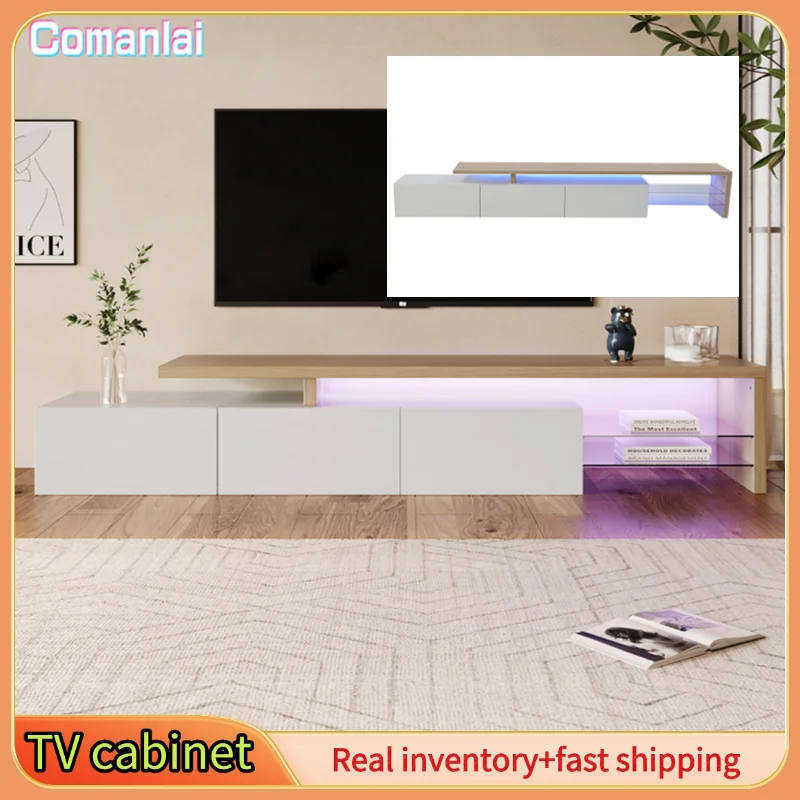 Comanlai 200 x 39 x 42 cm TV-Schrank, 3 Schränke, Hochglanz-Look, LED-Beleuchtung, integrierte Glasböden, Lowboard-TV-Möbel, Weiß Image