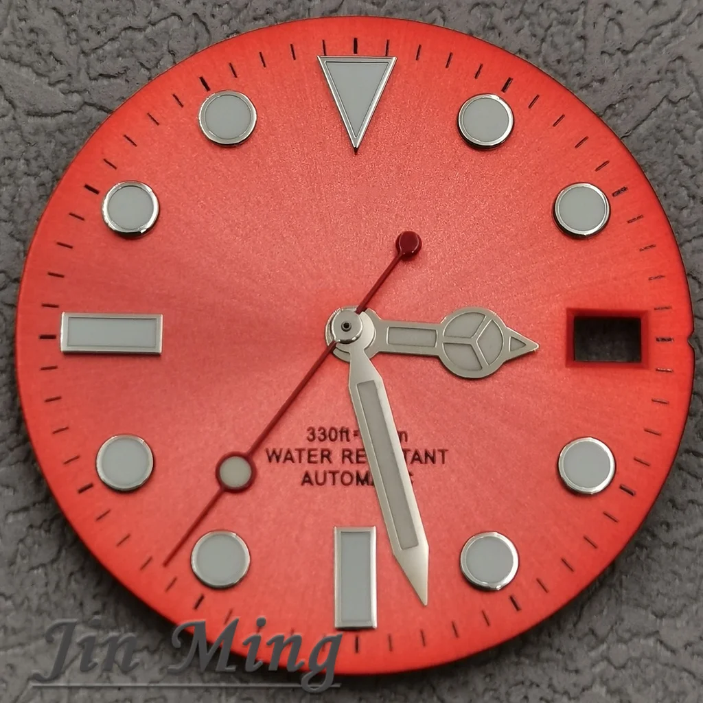 Hochwertiges 28,5 mm silbernes rotes Markierungs-Datumsfenster, grün leuchtendes aseptisches Zifferblatt, passend für NH35/NH36/4R/7S Automatikwerk Image