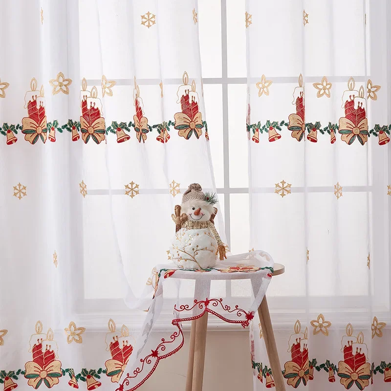 Fenstergitter, durchsichtiges Garn, dekorativ, 1 Stück, neue amerikanische Weihnachts-Tüllvorhänge für Wohnzimmer, mit Schneeflocken bestickt Image