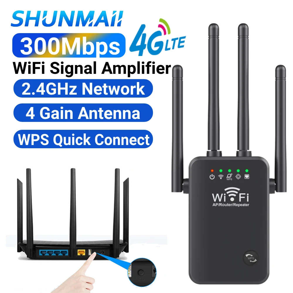 Drahtloser Internet-Repeater, 2,4 GHz Netzwerk-Expander-Router, 300 Mbit/s, 4 Antennen, WLAN-Extender-Booster mit großer Reichweite und Ethernet-Anschluss Image