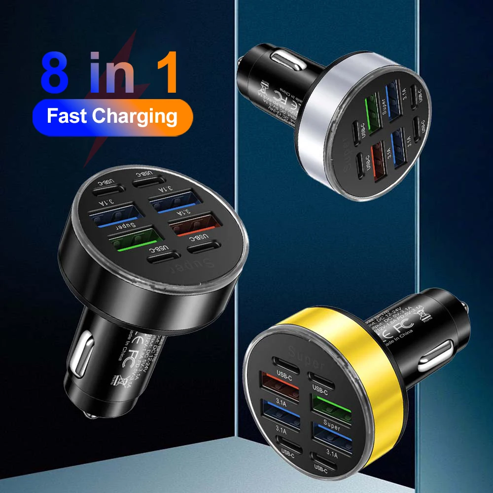 8 Ports Autoladegerät Schnellladung PD QC3.0 USB C Autotelefon-Ladegerät Typ C Adapter im Auto für iPhone Samsung Huawei Image