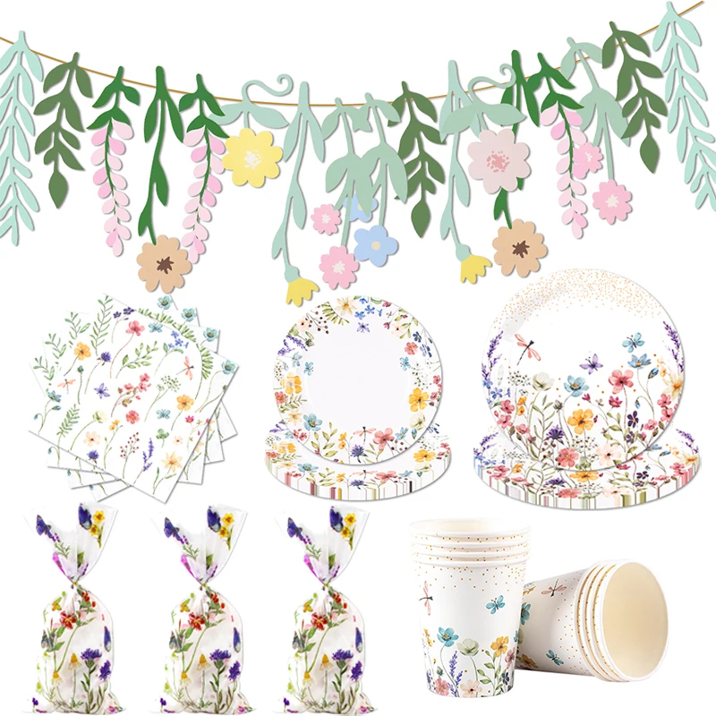 Frühling Wilde Blume Pappteller Tasse Serviette Banner Süßigkeiten Taschen Einweggeschirr Frühlingsthema Geburtstag Hochzeit Party Dekorationen Image