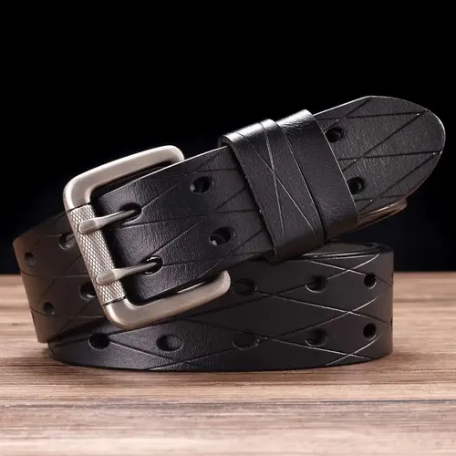 Herren-Gürtel aus Leder mit doppelter Zinke, klassischer Dornschließe, universeller ausgehöhlter Bund, NEU, Breite: 3,8 cm