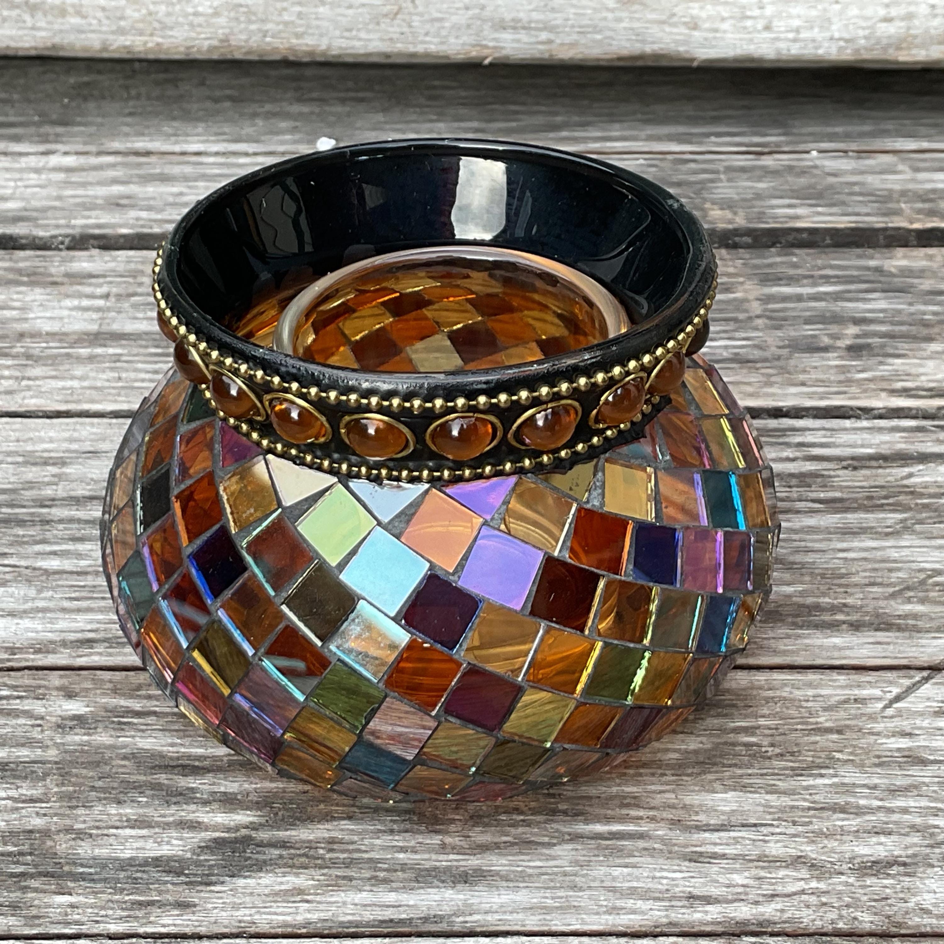 Portacandele in vetro mosaico Partylite, portacandele votivo in vetro mosaico Global Fusion Tealight. Nuovo di zecca. Nella scatola originale.