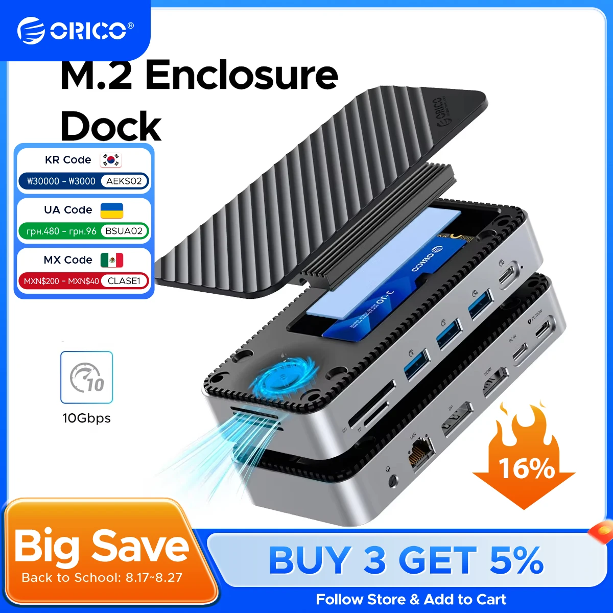 Docking Station HUB ORICO USB C 12-in-1 con Ventola di Raffreddamento, Enclosure Esterno per SSD M.2 NVMe SATA, HDMI 10Gbps, RJ45, SD/TF M2P11