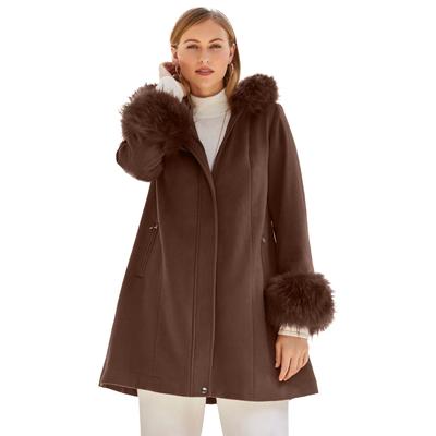 Plus Size Women's Hooded Faux Fur Trim Coat by Jessica London in Rich Brown (Size 16 W) Winter Wool Hooded Swing Coat