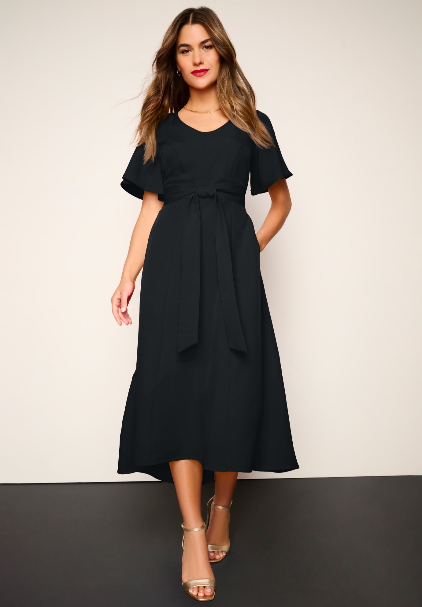 Plus Size Women's Plus Size Flutter Sleeve V-Neck Fit and Flare Bi-stretch Maxi Dress by Roaman's in Black (Size 24 W)