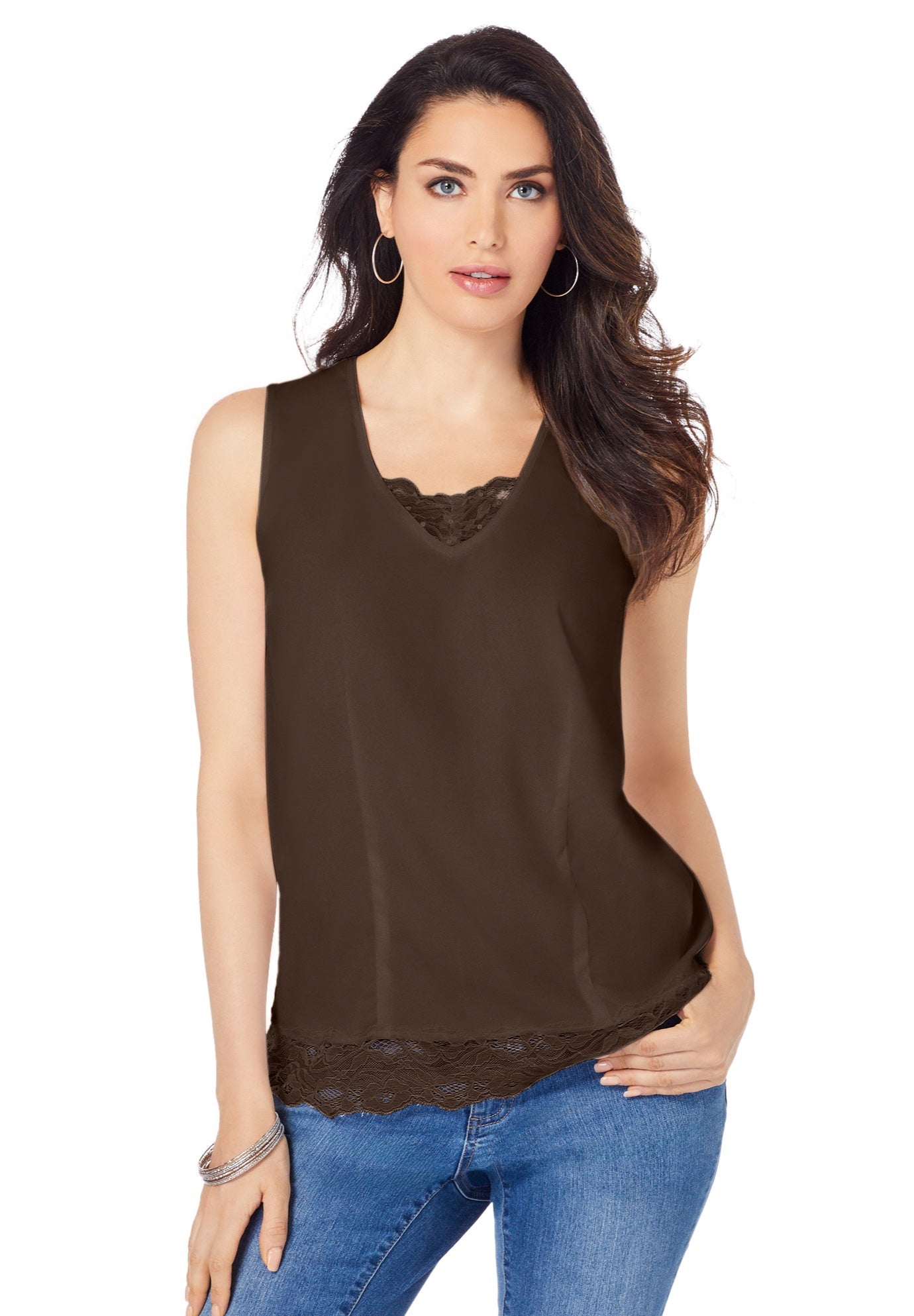 Plus Size Women's Lace Trim Satin Tank by Roaman's in Chocolate (Size 16 W)