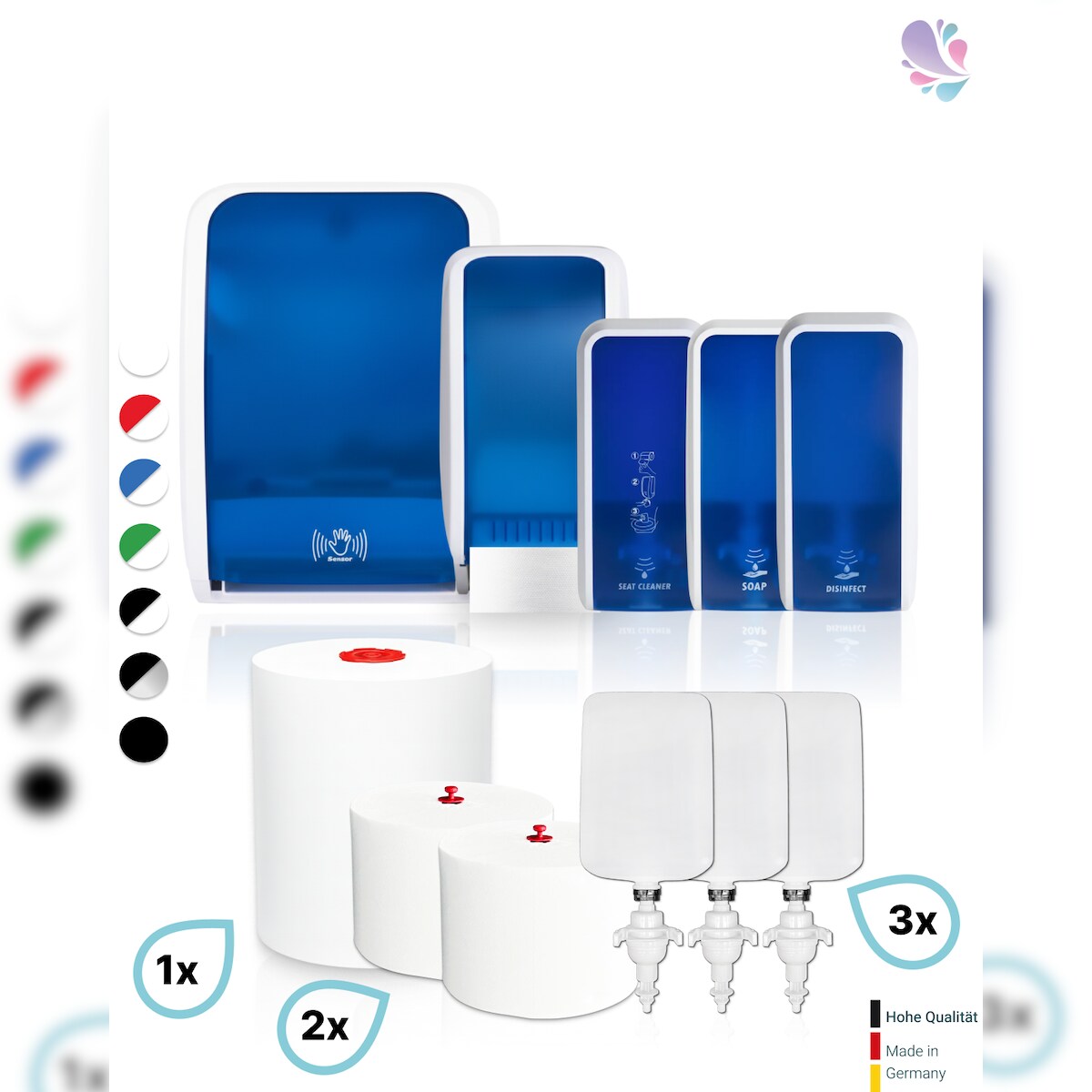 Blanc HYGIENIC HYGIENE-KOMPLETT-Set SENSOR: Handtuch-, Schaumseifen-, Desinfektions-, Toilettenpapierspender & Sitzreiniger inkl. Füllmittel Image