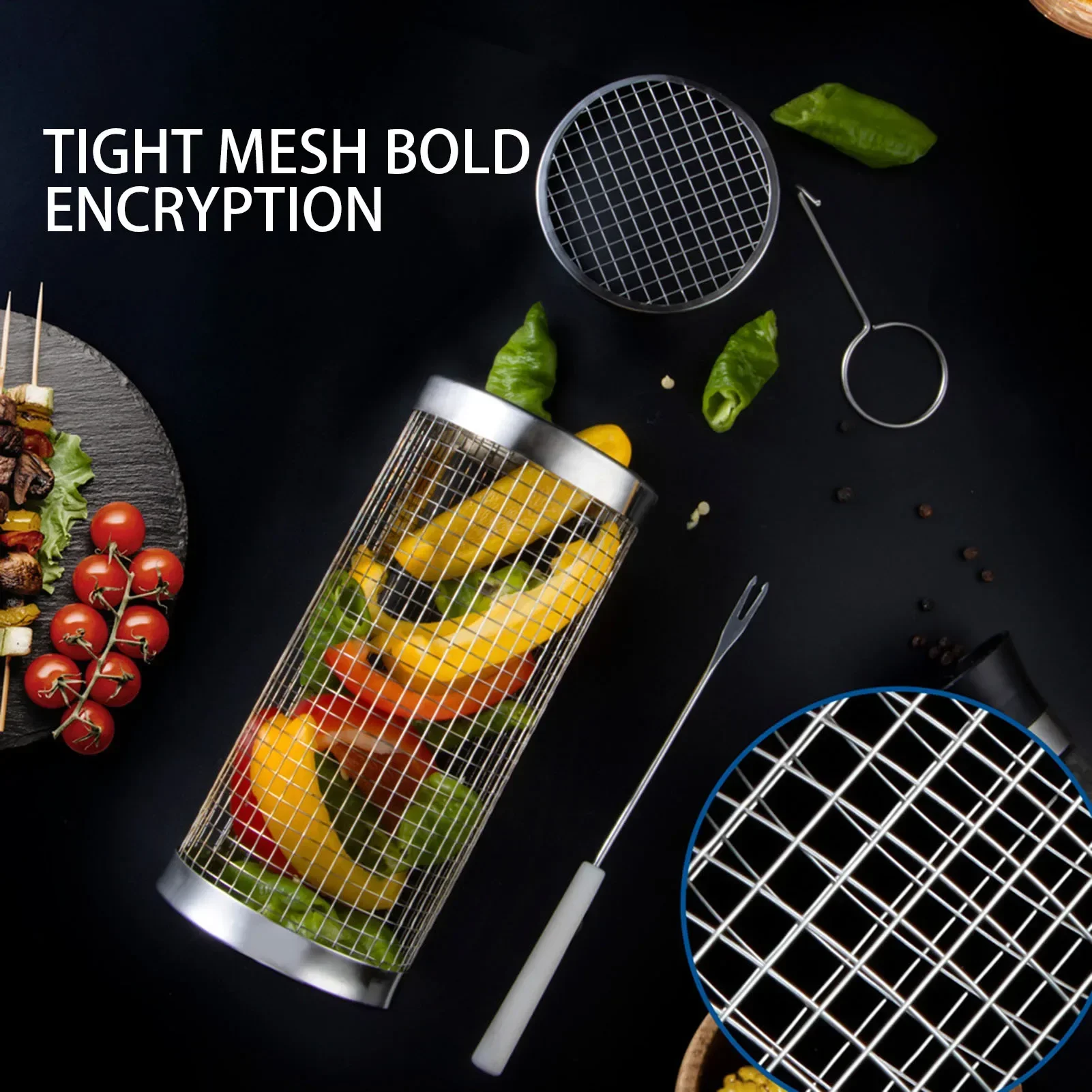 Tragbarer Grillkorb, Grill, Camping, rund, rollender Grillkorb, Edelstahl-Grillnetz, nützliches Grillzubehör Image