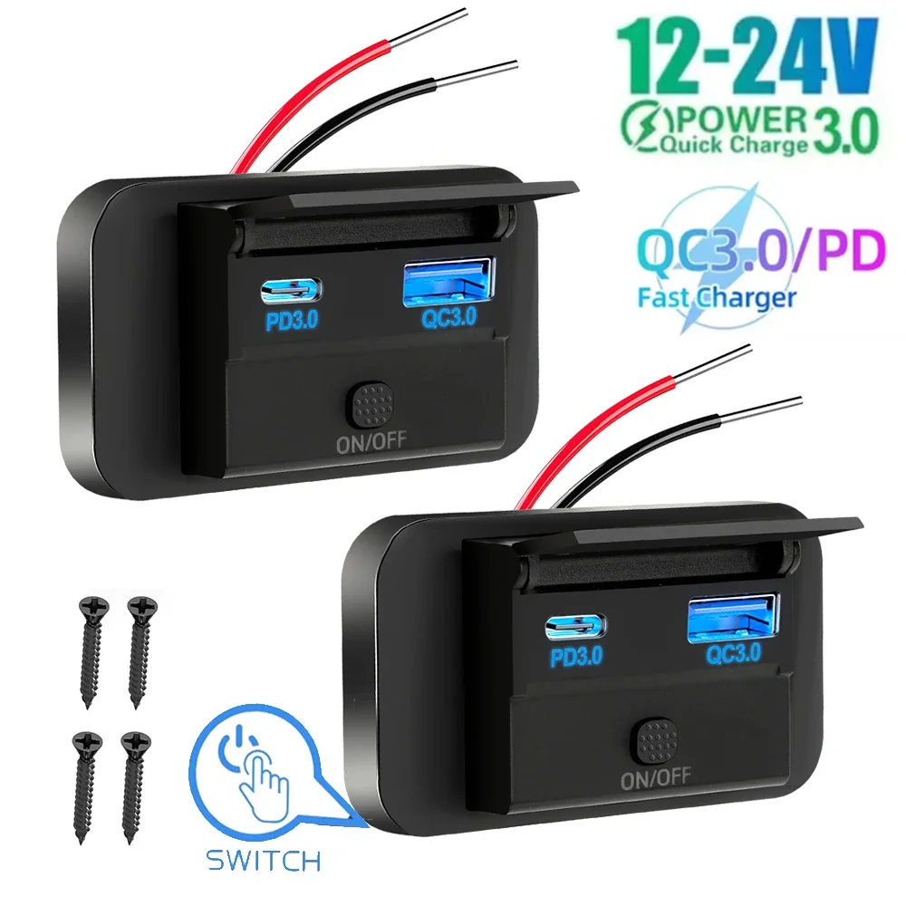 12V-24V Autoladegerät Steckdose PD 30W und QC 3.0 18W USB C Dual Ports Schnellladebuchse Panel mit Knopfschalter für Wohnmobil Boot Auto Image