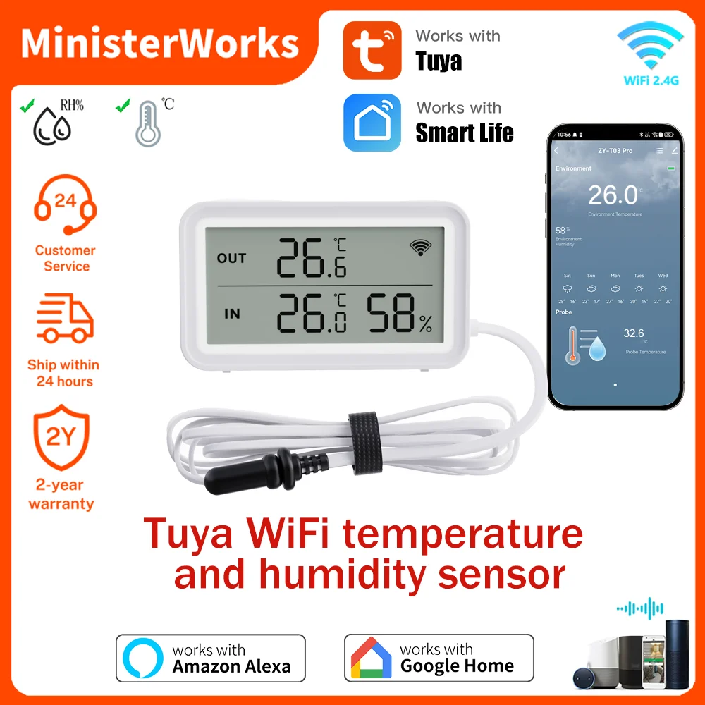 Tuya Wi-Fi-Temperatur- und Feuchtigkeitssensor mit externer Sonde, intelligenter digitaler LCD-Bildschirm, funktioniert mit Smart Life Google Assistant Image
