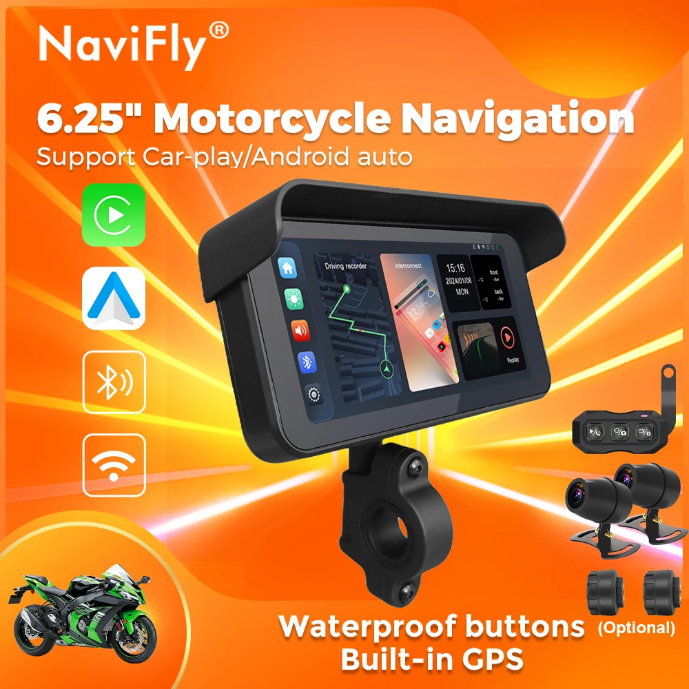 NaviFly Wireless CarPlay Moto Android Auto 6,25" Tragbares digitales Motorrad-Armaturenbrett GPS-Navigation DVR-Monitor Optionales TPMS Image