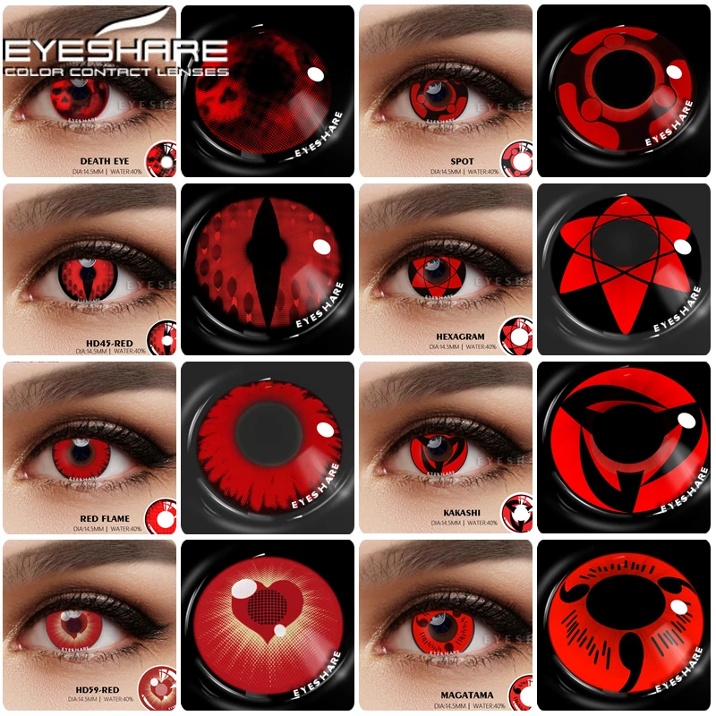 EYESHARE 2 Stück farbige Kontaktlinsen für Augen, Anime, Cosplay, Linsen, rote Augenkontakt, Schönheit, Make-up, jährliche Schüler, Halloween, 14,5 mm Image