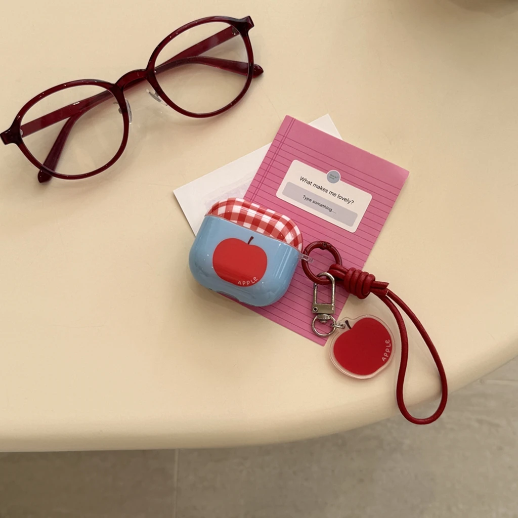 Art Color Collision Rot Blau Gittermuster Apfel Leder Lanyard Anhänger Kopfhörer Hülle für AirPods 1 oder 2 3 4 Pro 2 Pro 3 Image