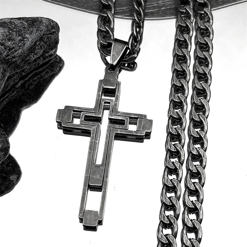 Hip Hop Kreuz Edelstahl Kette Halsketten Gun Schwarz Farbe Lange Anhänger Halskette für Frauen Männer Christian Amulett Schmuck Geschenk