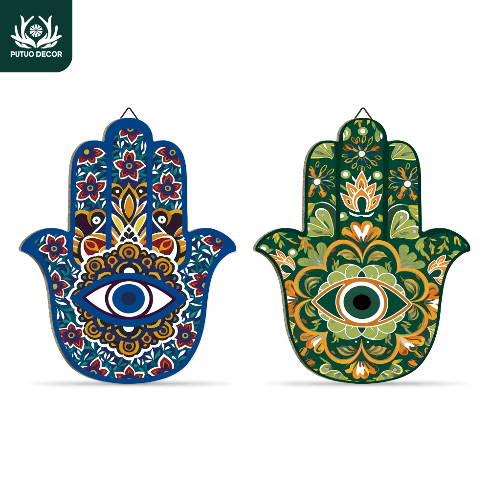 Putuo Decor 2 Stück Hamsa-förmiges Holz-Hängeschild, Wandkunst, Dekoration für Zuhause, Bauernhaus, Wohnzimmer, Café, Café, Café, Geschenk