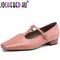 【JOCHEBED HU】Handmade Genuine Leather Square Toe Low Heels T-strap Mary Janes Office Lady Party Catwalk Elegant Luxury 34-41