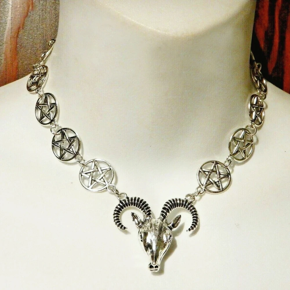 Goat Head Choker Necklace, Ram and Pentagram Chain Necklace, Baphomet Necklace,Gothic Wicca,Satanic Occult, Witchy Goat Necklace