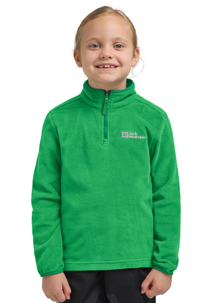 Stehkragenpullover JACK WOLFSKIN "TAUNUS HALFZIP K", Kinder, Gr. 152, grün (mystic grün), Fleece, Obermaterial: 100% Polyester, Pullover, einfache Temperaturregulierung, wärmend, für Kinder Image