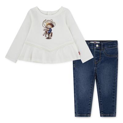 Langarmshirt & Hose LEVI'S KIDS "LVG WESTERN PEPLUM TOP,JEANS", Baby, Gr. 6M (68), weiß (gardenia), Jersey, Denim/Jeans, Obermaterial: 60% Baumwolle, 40% Polyester, bedruckt, casual, KOB Set-Artikel, süßes Denim-Outfit im Western-Style, for Girls