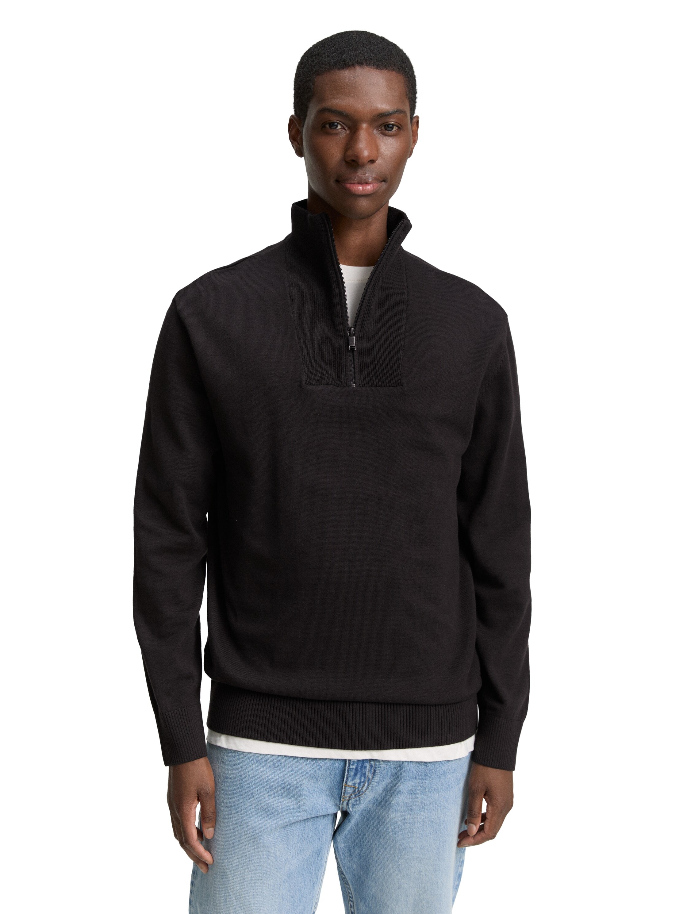 Troyer TOM TAILOR DENIM, Herren, Gr. XXL, schwarz (night watch schwarz), Strick, Obermaterial: 100% Baumwolle, unifarben, Modisch, regular fit taillenbedeckt, ohne Ausschnitt, Rippbündchen, Pullover, mit Rippbündchen