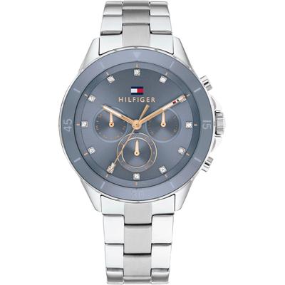Multifunktionsuhr TOMMY HILFIGER "MELLIE", silber (silberfarben, blau), Armbanduhren, Damen, Quarzuhr, Armbanduhr, Damen, Datum, Glaskristalle, Edelstahlarmband Image