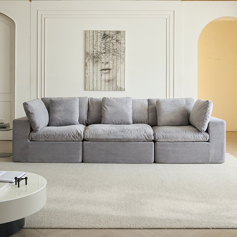 Deep Seat Sectional Sofa with Ottoman and Pillows Sherpa Fabric Sleeper Couch