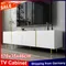 Anajqaqia Meuble TV 170x35x46 cm, avec 4 portes, meuble TV moderne bas, meuble TV haute brillance avec décoration en ligne de couleur or, blanc
