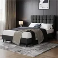 Letto Imbottito 140 x 200 cm con Testiera Quadrata Altezza Regolabile Doghe in Legno Grigio Scuro