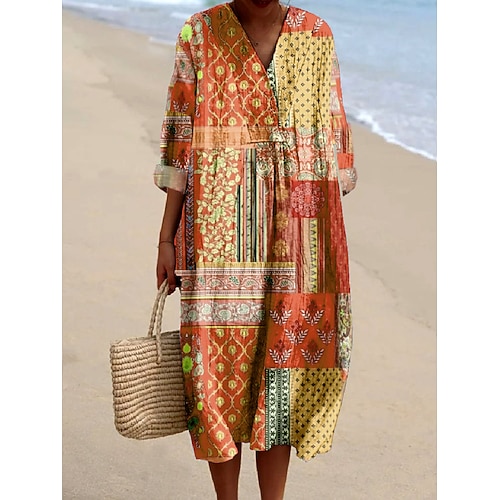 Damen Midikleid Freizeitkleid Sommerkleid A Linie Kleid Urlaub Lässig Boho Party Ferien Strand Lässiger Schnitt Blumen Grafik Paisley-Muster Langarm V Ausschnitt Magenta Blau Orange Frühling Herbst Image