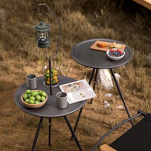 tragbarer schwarzer Outdoor-Tisch mit Lampenständer – klappbar, Eisenkonstruktion, lässiger Stil, inklusive Aufbewahrungstasche, kleiner Outdoor-Tisch Image