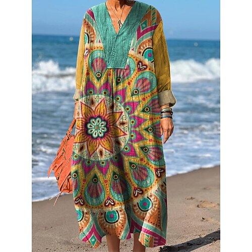 Damen Maxi Kleid Boho Sommerkleid A-Linie Kleid Urlaub Lässig Party Urlaub Strand Weit geschnitten Floral Grafik Geometrisch Langarm V-Ausschnitt Gelb Rot Fuchsia Orange Sommer Frühling Herbst Image