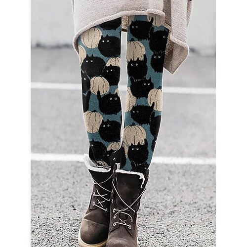 Damen Leggings Urlaub Vintage Ethno-Stil Knöchellang Hohe Taille Grafik Tiermotiv Katze 3D-Druck Schnelltrocknend Atmungsaktivität Weich Dehnbar Täglich Heim Outdoor Blau Schwarz Weiß Orange Herbst Image