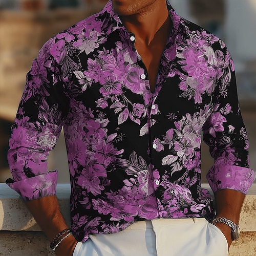 Herren Blumendruck Neonleuchten Blumen Hemd Knopfhemd Lässiges Hemd Langarm Hawaiianisch Urlaub Täglich Streetwear Sommer Frühling Umlegekragen 3D-Druck Hemden mit Kragen Blau Schwarz Rosa Purpur Grün Image