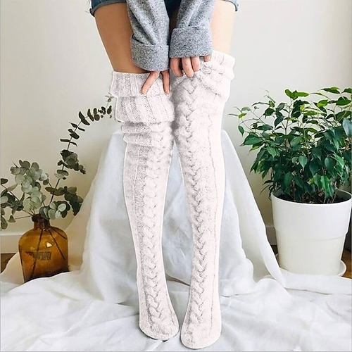 Oberschenkelhohe Socken für Damen, warm, gestrickt, über das Knie, lange Schlauchsocken, gemütlich, für Herbst und Winter, dick, einfarbig, gestapelt, modische Beinbekleidung, bequem für den Alltag Image