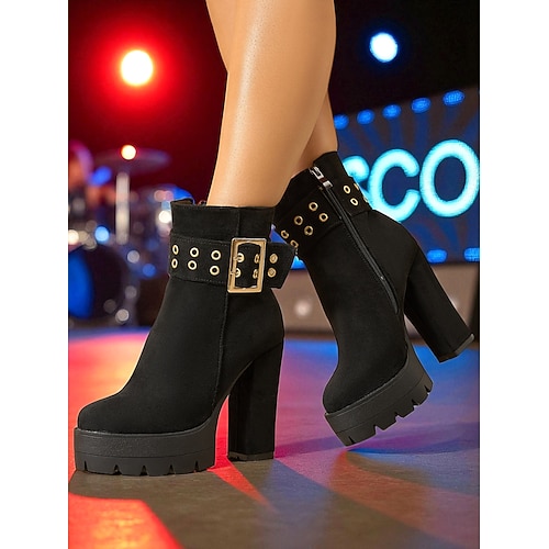 Schwarze Plateaustiefeletten aus Wildleder für Damen mit dickem Absatz und goldener Schnalle Reißverschluss - edgy Party Konzertschuhe für Herbst- und Winteroutfits Image