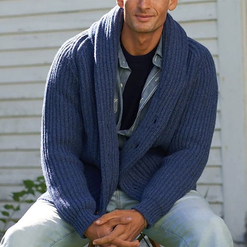 Herren Pullover Kleid Pullover Strickjacke Strickpullover Gerippt Stricken Normale Oberteile Gestrickt Gerippt Einfach Schalkragen Mode Schals Lässig Alltagskleidung Bekleidung Herbst Winter Blau M L