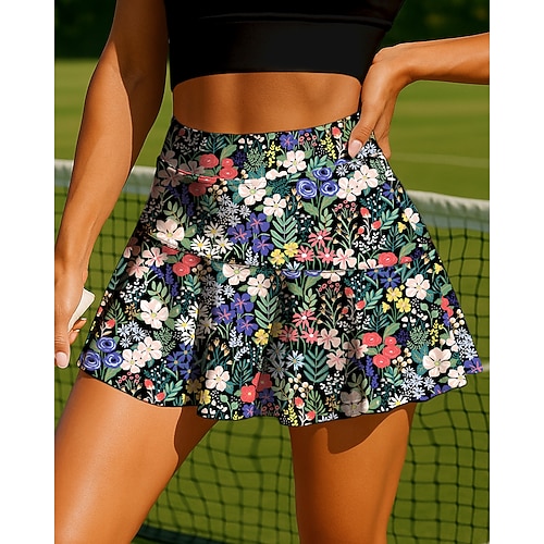 Damen Pflanzen Blumenmuster Blumenmuster Lässiger Rock Tennisröcke Patchwork Tasche 2 in 1 UPF50 UV-beständig Mehrlagig Volleyball Tennis Badminton Shorts Rock Schwarz Tennisbekleidung Image