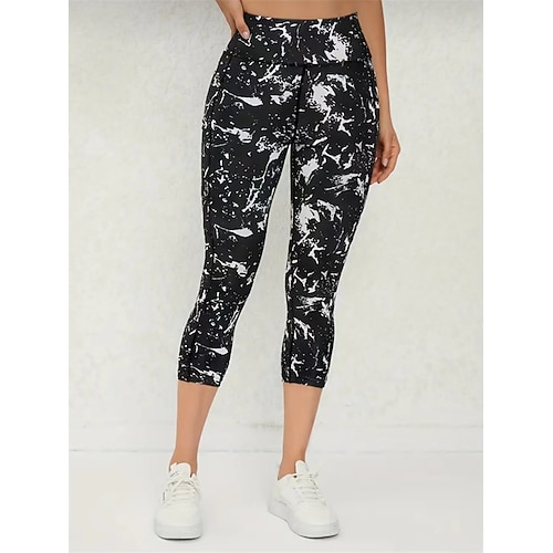 Damen Yogahose Seitentaschen Po-Lifting Bauchkontrolle Hohe Taille Pilates Fitnesstraining Laufen Strumpfhosen Capri Leggings Unterteile Druck SchwarzRosaGrün Schwarz Weiß Spandex Herbst Winter Image