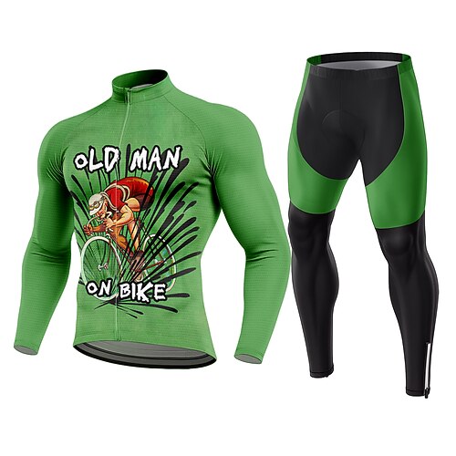 Herren Radtrikot mit Hose Langarm Winter Herbst Grün Grafik Zahl Gemustert Lustig Fahhrad Thermowarm 3D-Polster Schnelltrocknend Anatomisches Design UV-beständig Sport Bekleidung Image