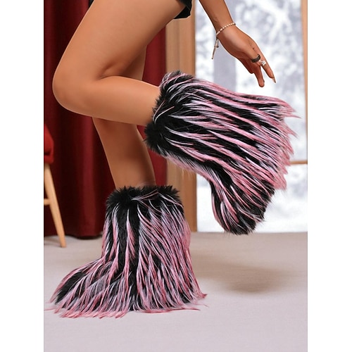 Modische Plateaustiefel mit Pelzbesatz für Damen – flauschiges Statement-Schuhwerk in Pink und Schwarz für Streetstyle, Winteroutfits, Rave-Looks und trendige Festivalkleidung Image