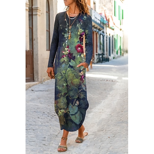 Damen Maxikleid Etui-Kleid T-Shirt-Kleid Urlaub Lässig Täglich Ausgehen Lässiger Schnitt Blumen Grafik Langarm Rundhalsausschnitt Purpur Grün Frühling Herbst Winter Image