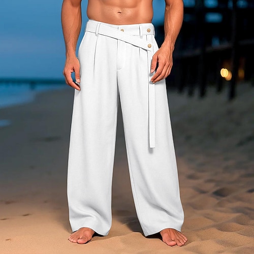 Herren Leinenhosen Hose Sommerhose Gerader Schnitt Einfach Komfort Atmungsaktiv Volle Länge Lässig Täglich Ferien Urlaub Mode Schwarz Weiß Unelastisch Image