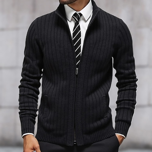 Herren Pullover Kleid Pullover Strickjacke Reißverschluss-Pullover Strickpullover Gerippt Stricken Kurz Gestrickt Gerippt Einfach Stehkragen Mode Schals Geschäft Lässig Bekleidung Herbst Winter
