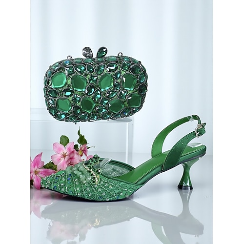 Grünes Damen-Set mit Strass-Absatzschuhen und Clutch – elegante Slingback-Pumps und Handtasche für Cocktailpartys und formelle Anlässe Image